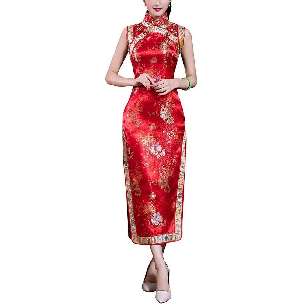 5024 Vintage Chinese Cheongsam Costume Sleeveless Side High Split Floral